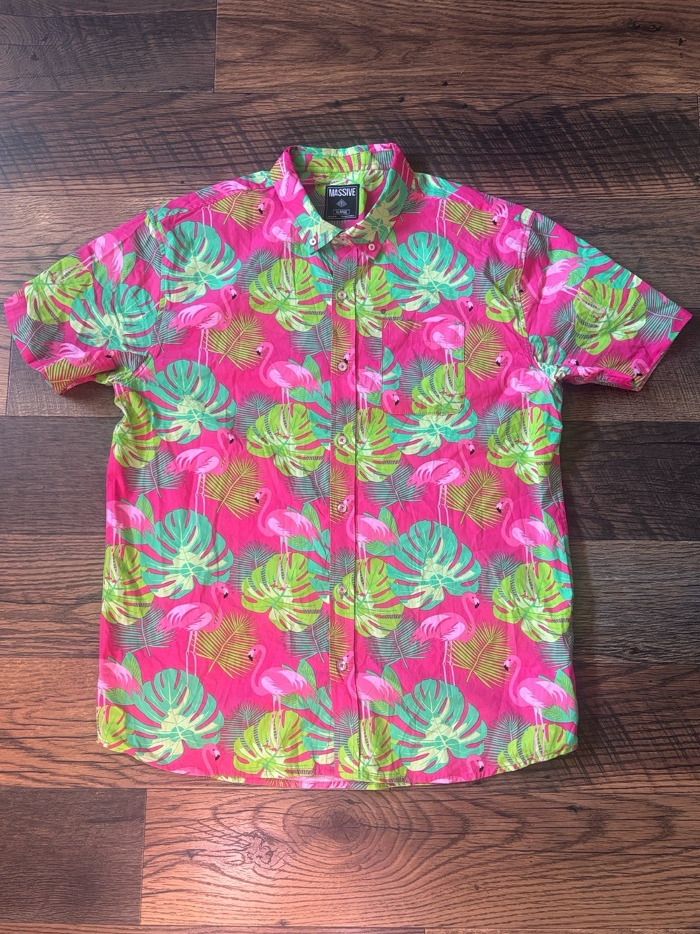 Massive Apparel XL Pink Hawaiian Shirt Tropical Flamingo Short-Sleeve Button Up